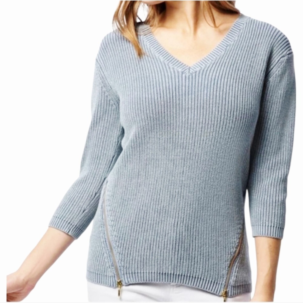 Tyler Boe Mineral Wash Shaker Sweater Cadet Blue 3/4 Sleeve Zipper Preppy Knit L